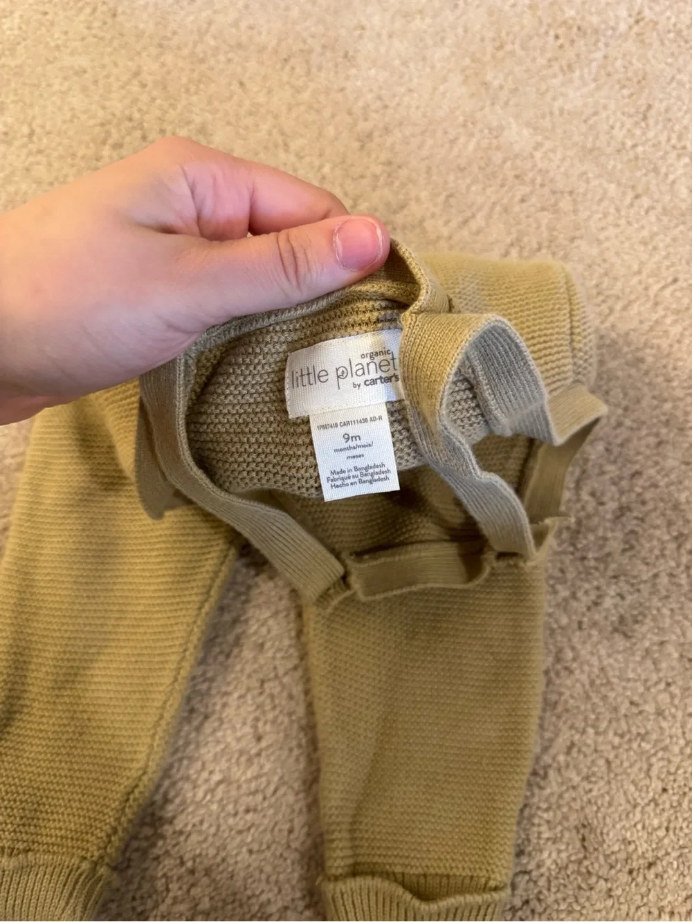 Carter’s Organic Knitted Tan Overalls with Front Pocket Size 9 Months